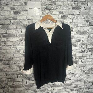 EUC Lauren By Ralph Lauren Black Textured Sweater w/ White Collar Size XXL